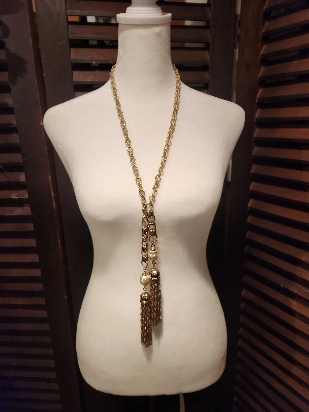Chico's Gold Rope Chain Necklace with Tassel and Pearl Drops